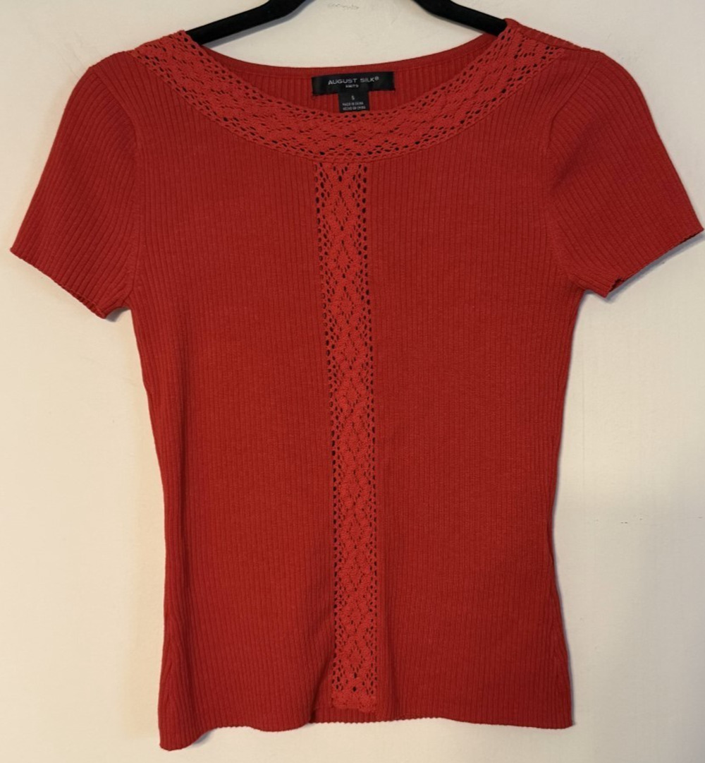 August Silk Women Small Silk Blend Ribbed Crochet Knit Top Quiet Luxury Chic Red